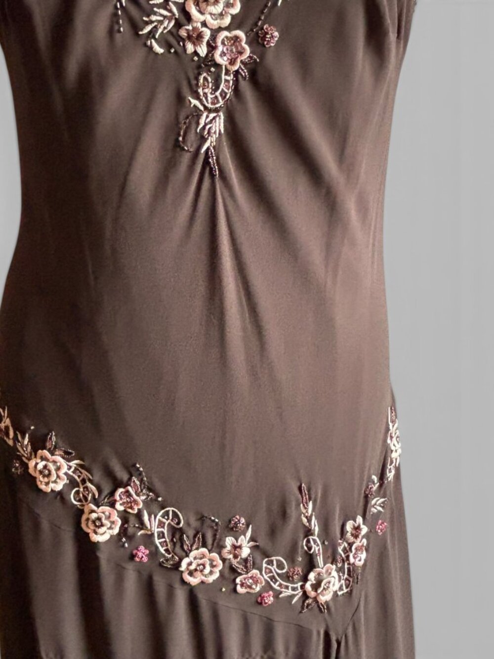 Brown Floral Embroidered 1920s-Inspired Handkerchief Hem Dress - Picture 3 of 16